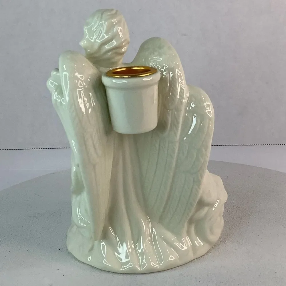 Angel Trio Ceramic Candle Holder White/Gold Christmas Home Decore 6”